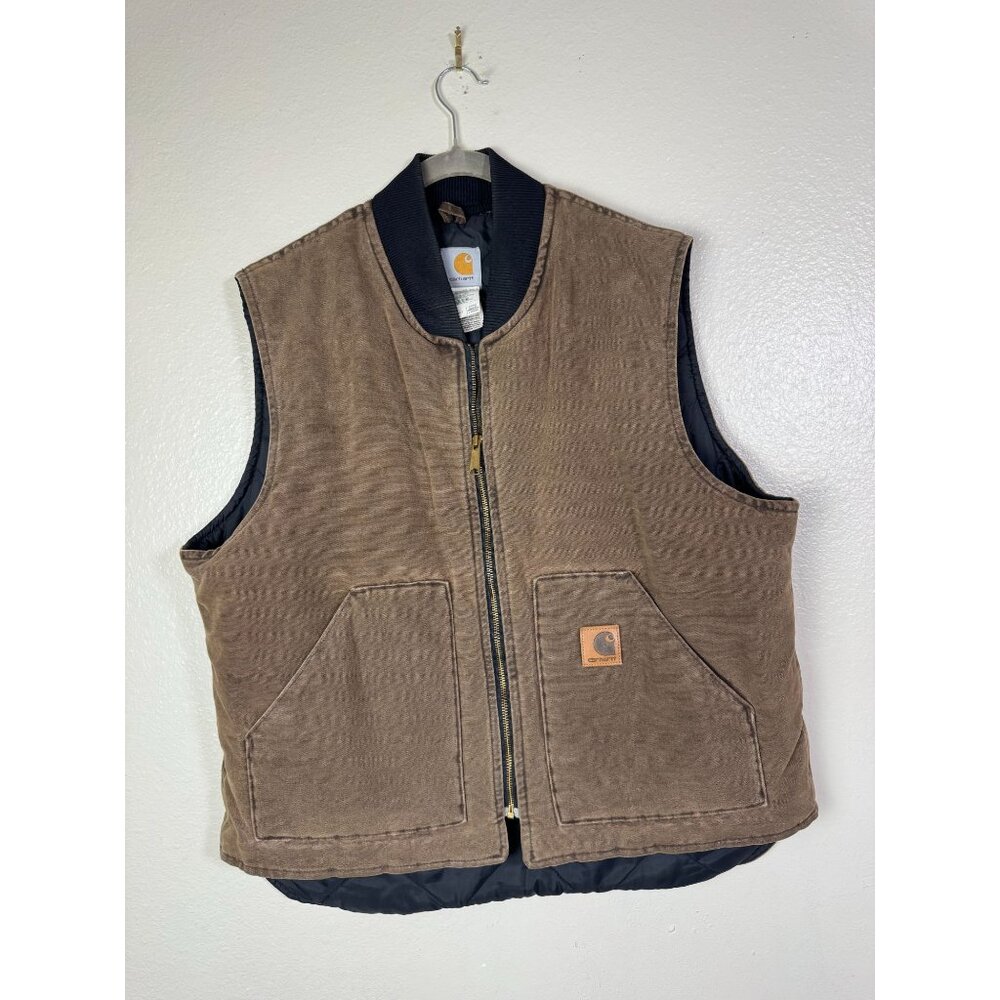 Vintage‎ Carhartt V02 CHT Brown Vest Men size XL Brown Canvas Quilt Line Zip USA